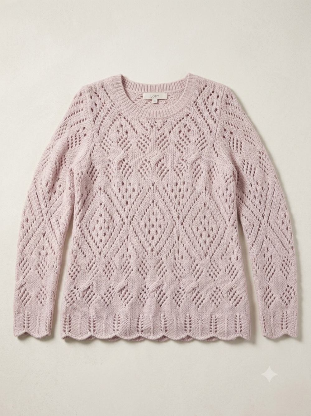 LOFT Light Pink Openwork Crewneck Sweater, wool blend
